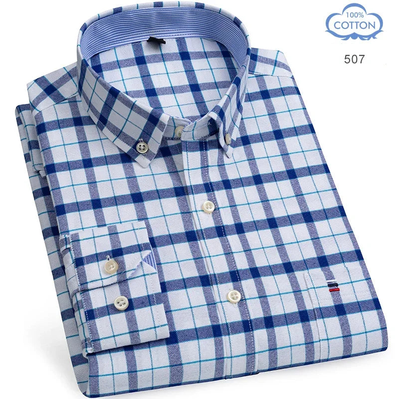 2025 Men's Social Shirt Pure Cotton Oxford Luxury Brand Thin Soft Buttoned Plaid Formal Work Western Clothing