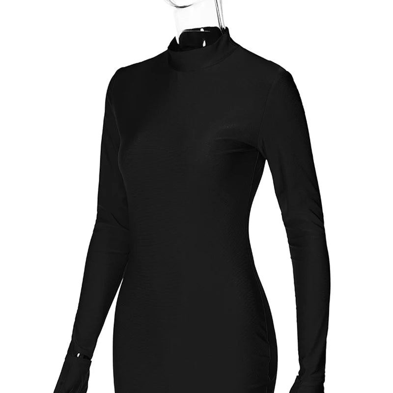 Solid Long Sleeve Mini Dress with Gloves Sexy Streetwear Party Outfit Half Turtleneck Bodycon Y2K Style Wholesale