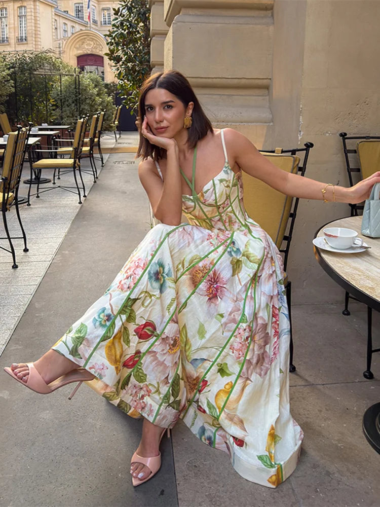 Fashion Women Dress Floral Printed Halter Tube Tops Sleeveless Lace Up Waist-Closed Female Dresses 2026 Summer Lady Robe