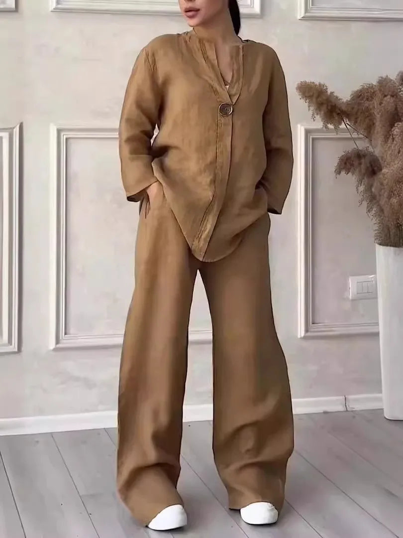Women's 2 Piece Cotton Linen Lounge Set Button Down Shirt and Wide Leg Pants Casual Loose Fit Matching Outfit Solid Color Co-ord