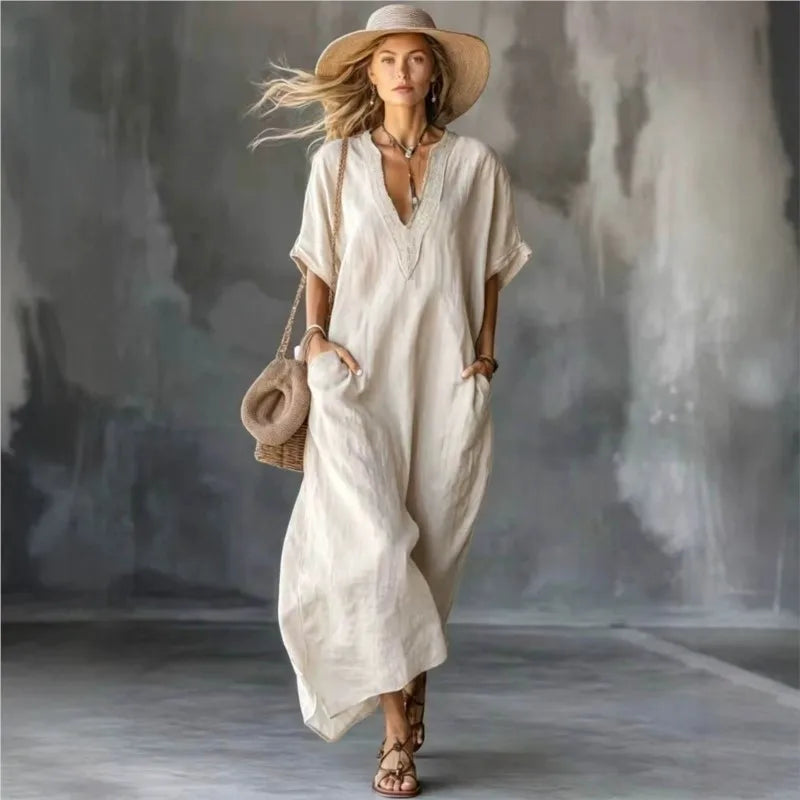 2026 New Summer Women's Dress Solid Color V-neck Bohemian Style Retro Fashionable And Comfortable Elegant Pocket Simple Vestidos