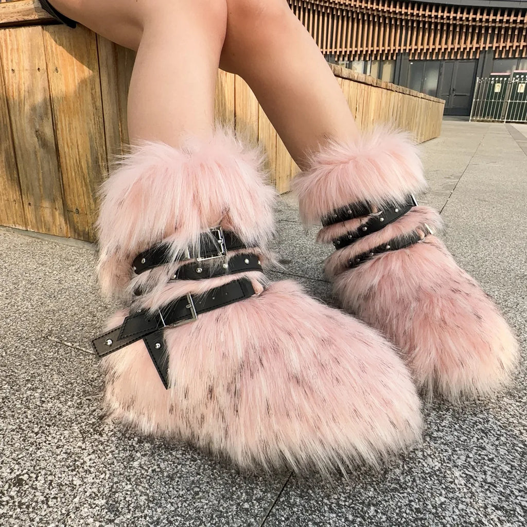 Winter Fur New Design Onepiece Raccoon FurFemale Snow Boots Fur shoes OutdoorMid Leg Boots y2k Cool Pink Girl