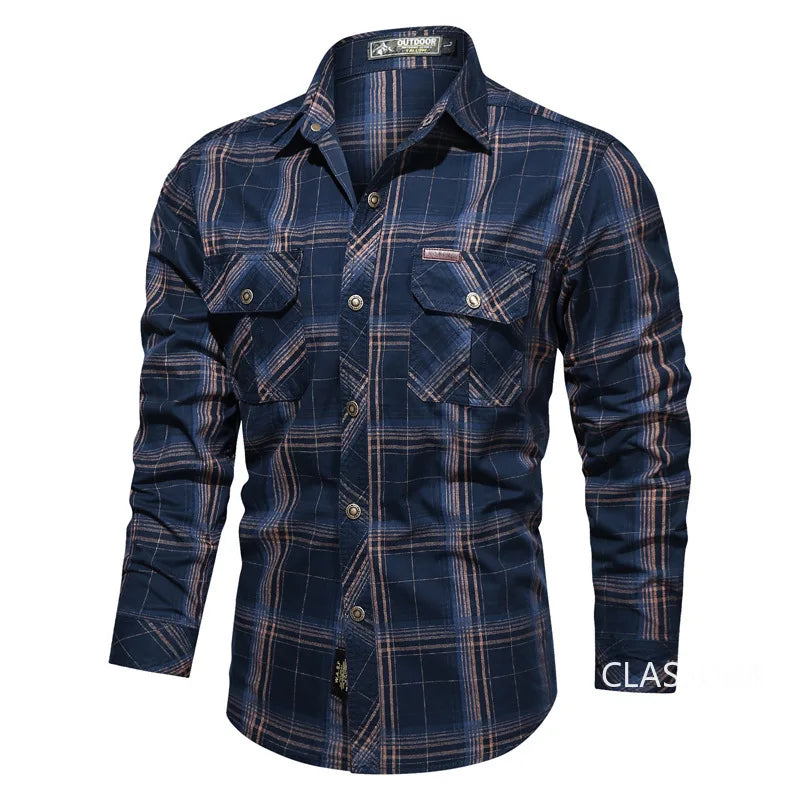 Men Plaid Casual Shirts Male Military Outdoor Loose Multi-pockets Tooling Shirts High Quality Man Large Long-sleeved Shirts 5XL