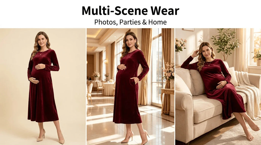 Maternity Autumn Winter Golden Velvet Pocket Long Sleeve Dress Formal Party Gala Long Dress Burgundy Maternity