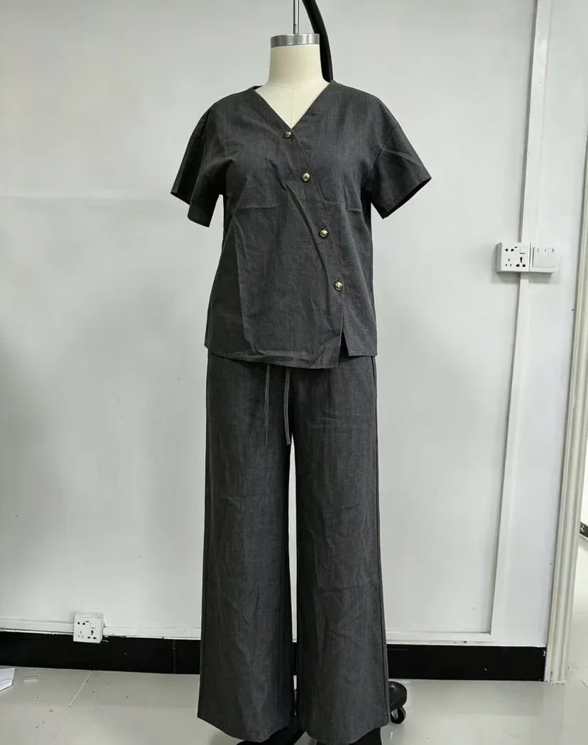 Casual Cotton Loose Pants Sets Women Summer 2026 Fashion Short Sleeve V-neck Tops And Wide Leg Pant 2 Piece Set Woman Outfits