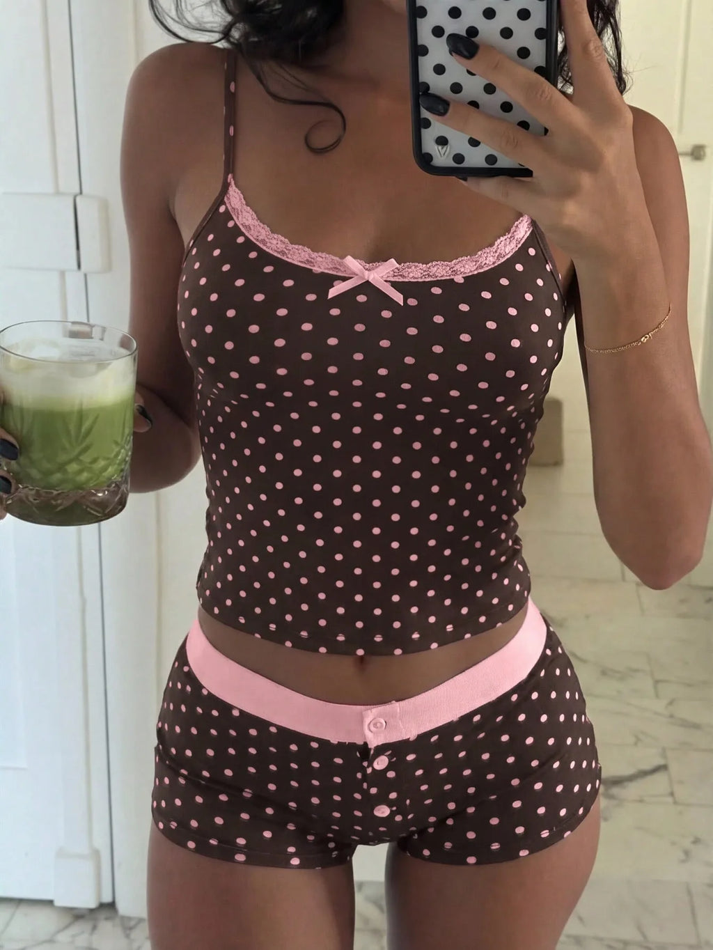 Fashion polka dot lace camisole home suit set, pure desire spicy girl style pajamas two-piece set, short