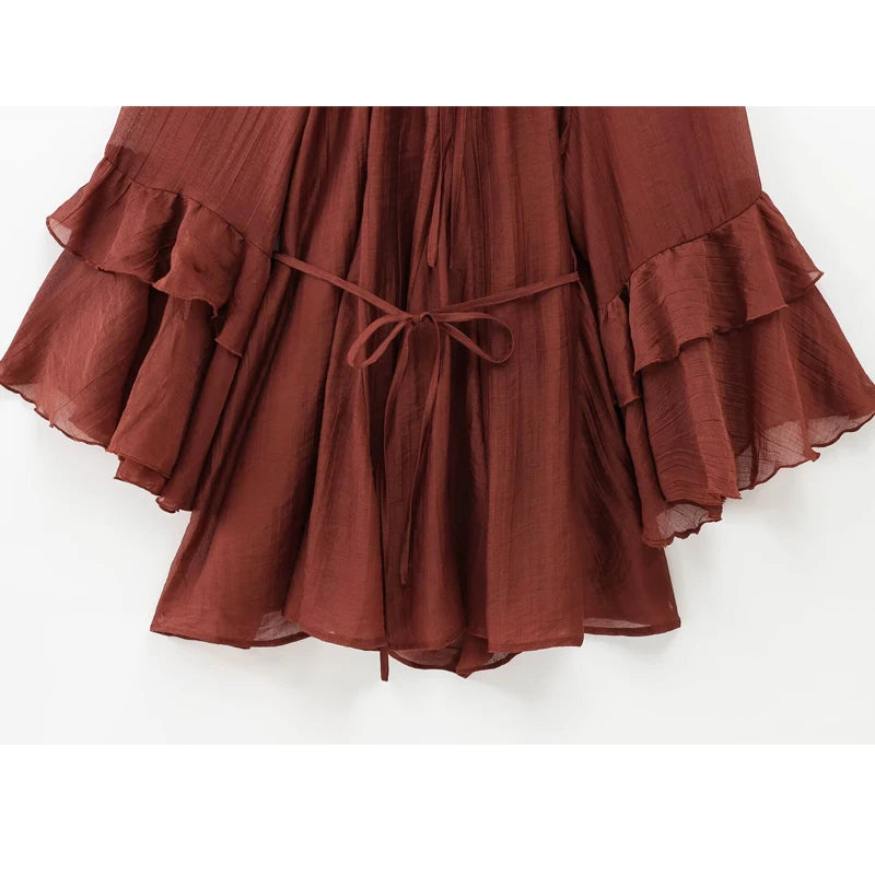 MUJER Ruffle Short Dresses for Women Fairy Ruched Mini Dress Women Spring Semi Sheer Womens Dresses Loose Party Women's Dress