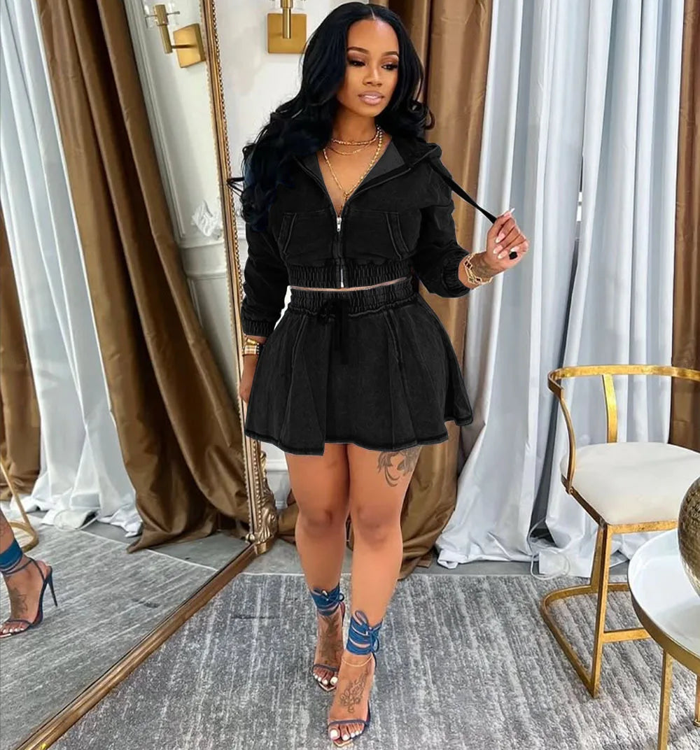 Women's Casual Skirt Set Autumn and Winter New Women's Washed Denim Jacket Short Skirt 2-piece Set