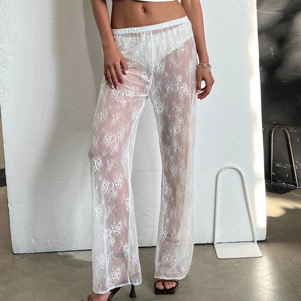 hirigin Lace Bell Bottom Pants for Women Sexy See Through Flare Leggings Hollow Out Mesh Sheer Cover Up Trousers Party Club