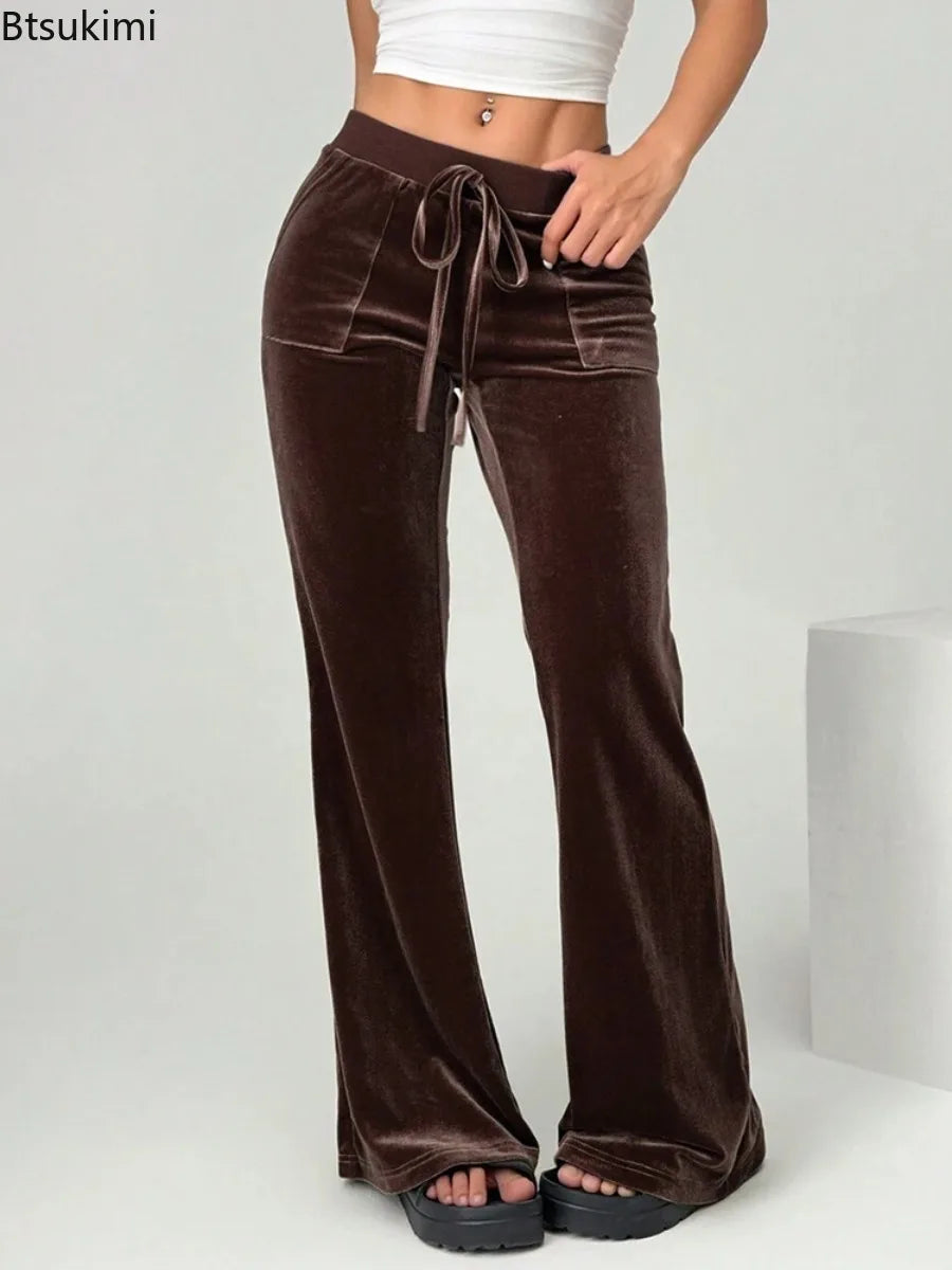 2026 Women's Velvet Trousers Fashion Velvet Solid Color High-Waisted Drawstring Pocket Flared Pant Autumn Winter Casual Pants