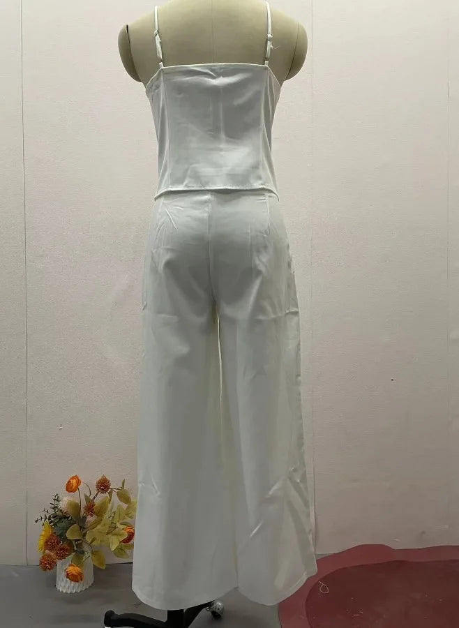 Summer Leisure High Street Outfit Office Lady Solid Color Slim Two Piece Set Chic Sleeveless Bandage Tank Tops&Pocket Pants Suit