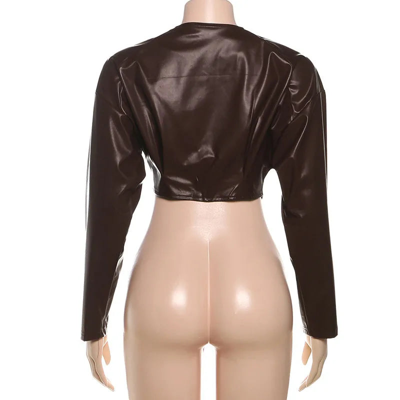 Joskaa 2025 Fall Women's PU Leather Jackets Fashion Solid Lapel Full Sleeve Slim Irregular Crop Coats Outerwear Y2K Streetwear