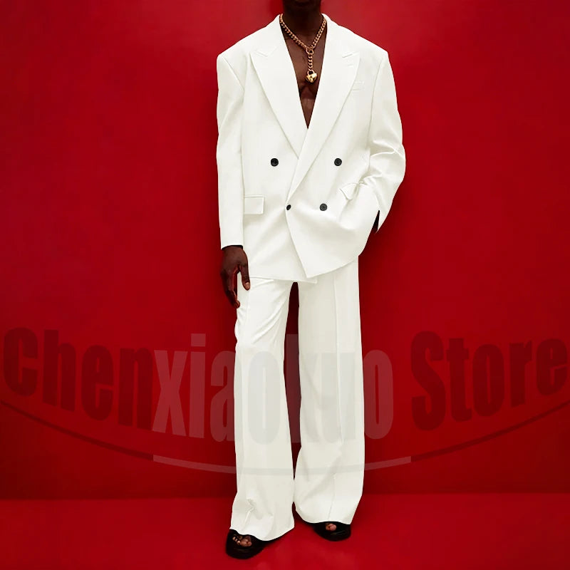 Men's Double Breasted Suit Set Oversized Blazer and Wide-Leg Trousers Fashion Casual Formal Outfits for Streetwear Party