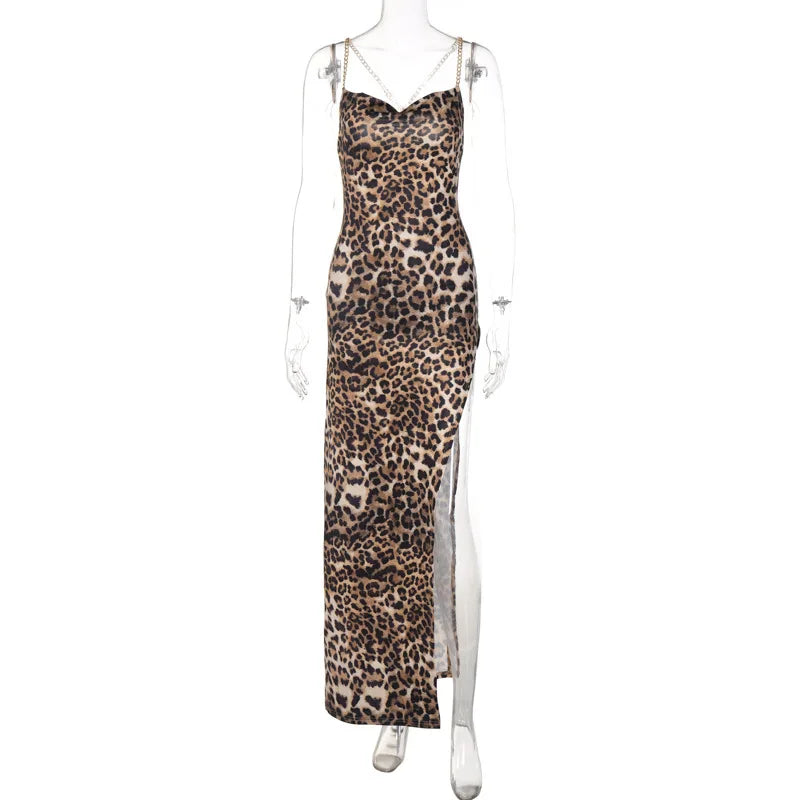 Womens Leopard Print Maxi Dress Strap Backless Bodycon Dress High Slit Sleeveless Party Dress Sexy Club Summer Dresses