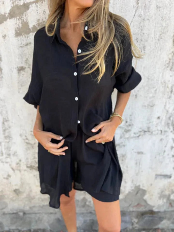 2026 Women's Casual Solid Color Cotton and Linen Shorts Long Sleeve Wrinkle Shirt Two-piece Set