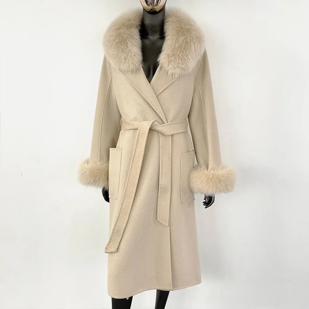 Elegant Wool Fur Jacket Women's Autumn Winter Warm Coat Natural Real Fox Fur Collar Jacket Casual Fashion Long Fur Coat Women's