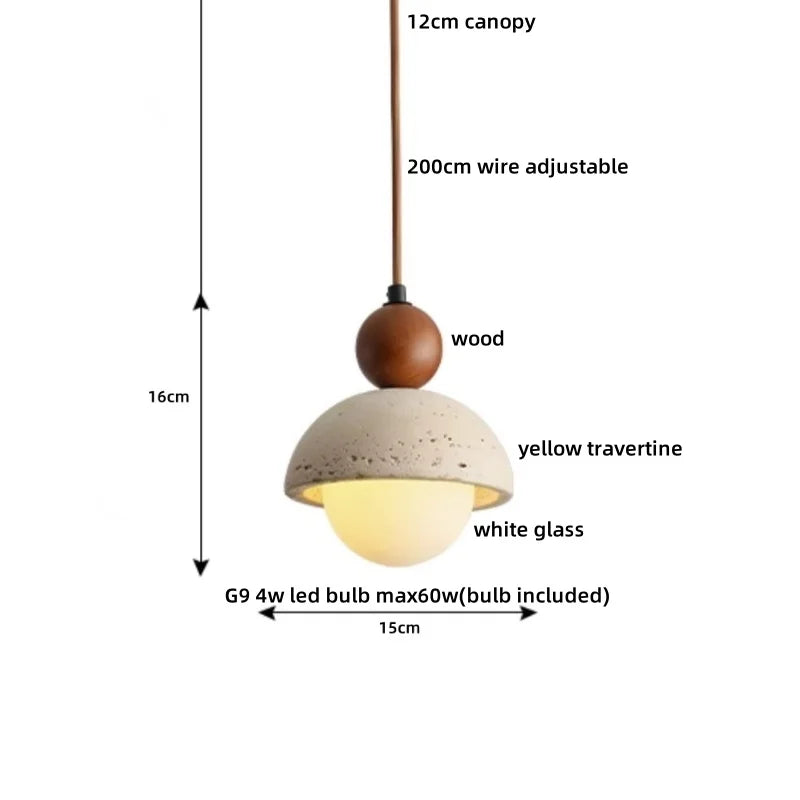 IWHD Yellow Travertine Stone LED Pendant Lamp Living Dining Room Table Inside Retro Wood Hanging Lights Fixture Lampara Colgante