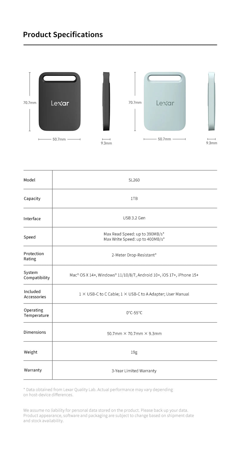 Lexar Portable Solid State Drive SL260X USB3.2 Type-C PSSD 512GB 1TB External Hard Drive Max 390Mb/s Read 400Mb/s Write SSD Disk