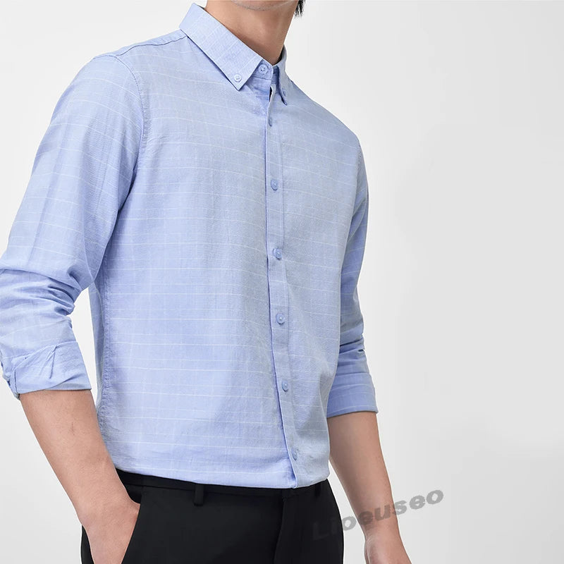 New 100% Pure Cotton Striped Shirt For Men's Long Sleeve Casual Regular Fit Soft Comfortable Business Social Shirts Men Clothing