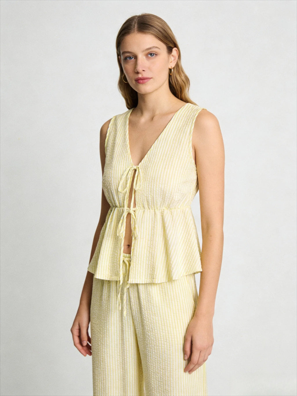 Spring/Summer Solid-Color Striped Set: Casual Tank Top, Tie-Front Tank Top, and Loose-Fit Tie-Front Solid-Color Pants