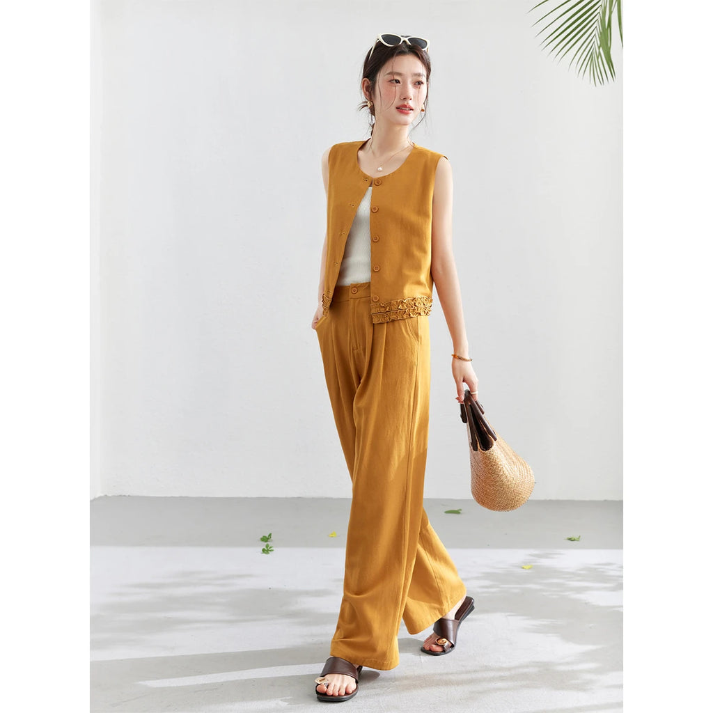 VIMLY Office Two-Piece Set Women 2026 Summer New Fashion Ruffle Hem Cropped Sleeveless Vest Wide Leg Pants Casual Outfit A6153
