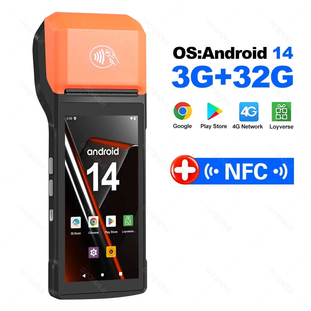 4G Android 13/14 Handheld POS Printer with 58mm Thermal Printing, 1D2D Scanner, NFC optional Compatible with Loyverse POS, Grab