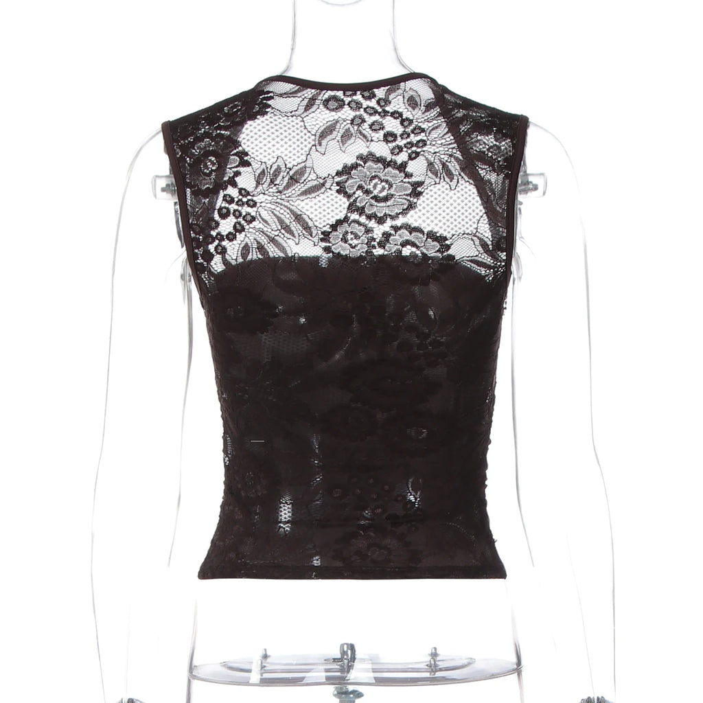 Hugcitar Women Fashion Square Collar Solid Patchwork Lace Sexy Crop Tank Top Summer Clothes Summer Clothes Streetwear Party