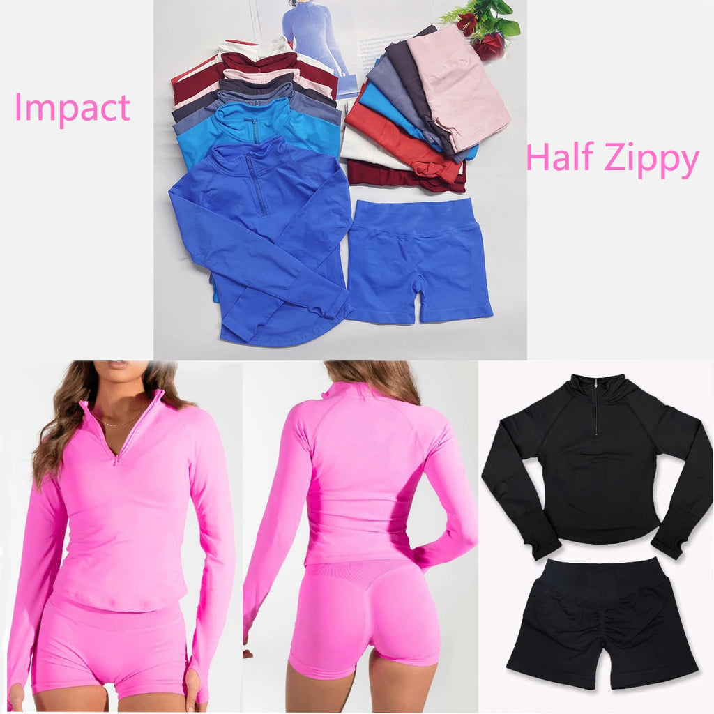 2026 2pcs Long Sleeve Yoga Set Women Half Zippy Jacket Longline Sports Top Gym Shorts Fitness Suits Running Coats Workout Set
