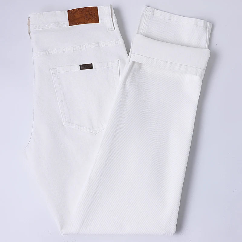 Men's White Jeans Fashionable Straight Business Casual Stretch Denim Pants Classic Fit Solid Color Comfortable All Season Pants