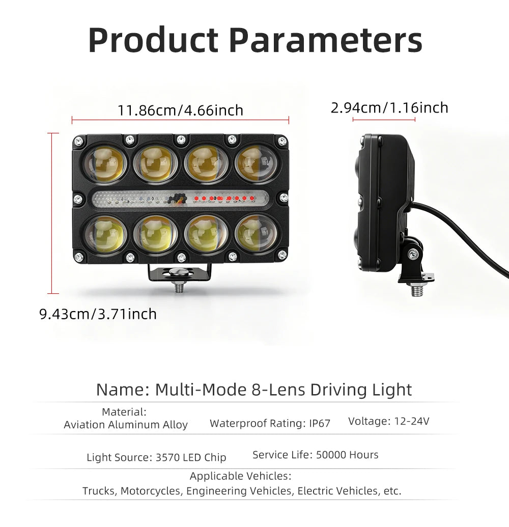 8 Lens Projector Motorcycle LED Spotlight DRL Strobe Flashing Auxiliary Fog Work Light Universal For Car Truck SUV UTV Off‑Road
