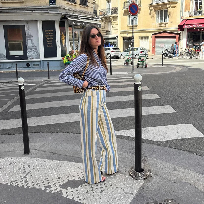 Casual Stripe Contrast Women's Pants Loose Zipper Button Pocket Wide Leg Female Pant 2026 Spring Summer Lady All-match Trousers
