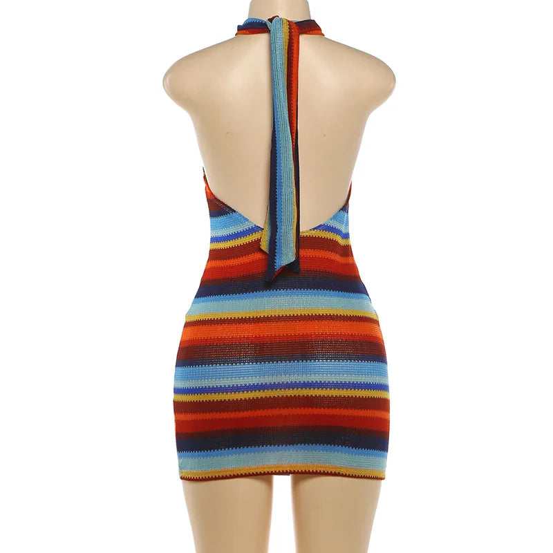 Cryptographic Striped Knit Halter Mini Dress Colorful Contrast Sleeveless Backless Summer Casual Clubwear Bodycon Short Dresses