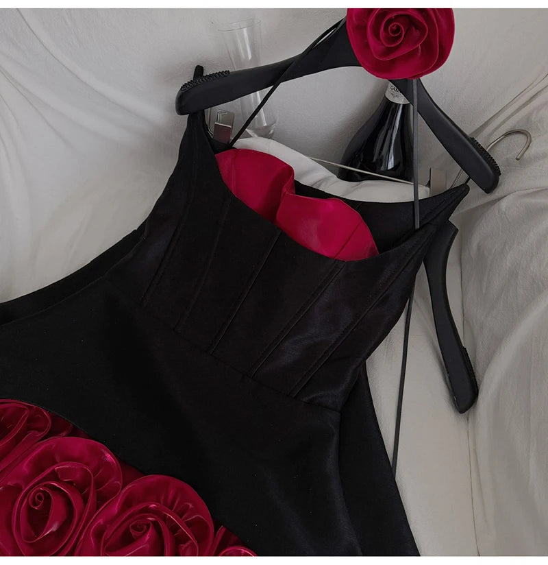 Women's Sweet Slash Neck Sleeveless Slim Waist Short Mini Dress French Retro 3D Rose Birthday Dress Spicy Girl Floral Bud Dress