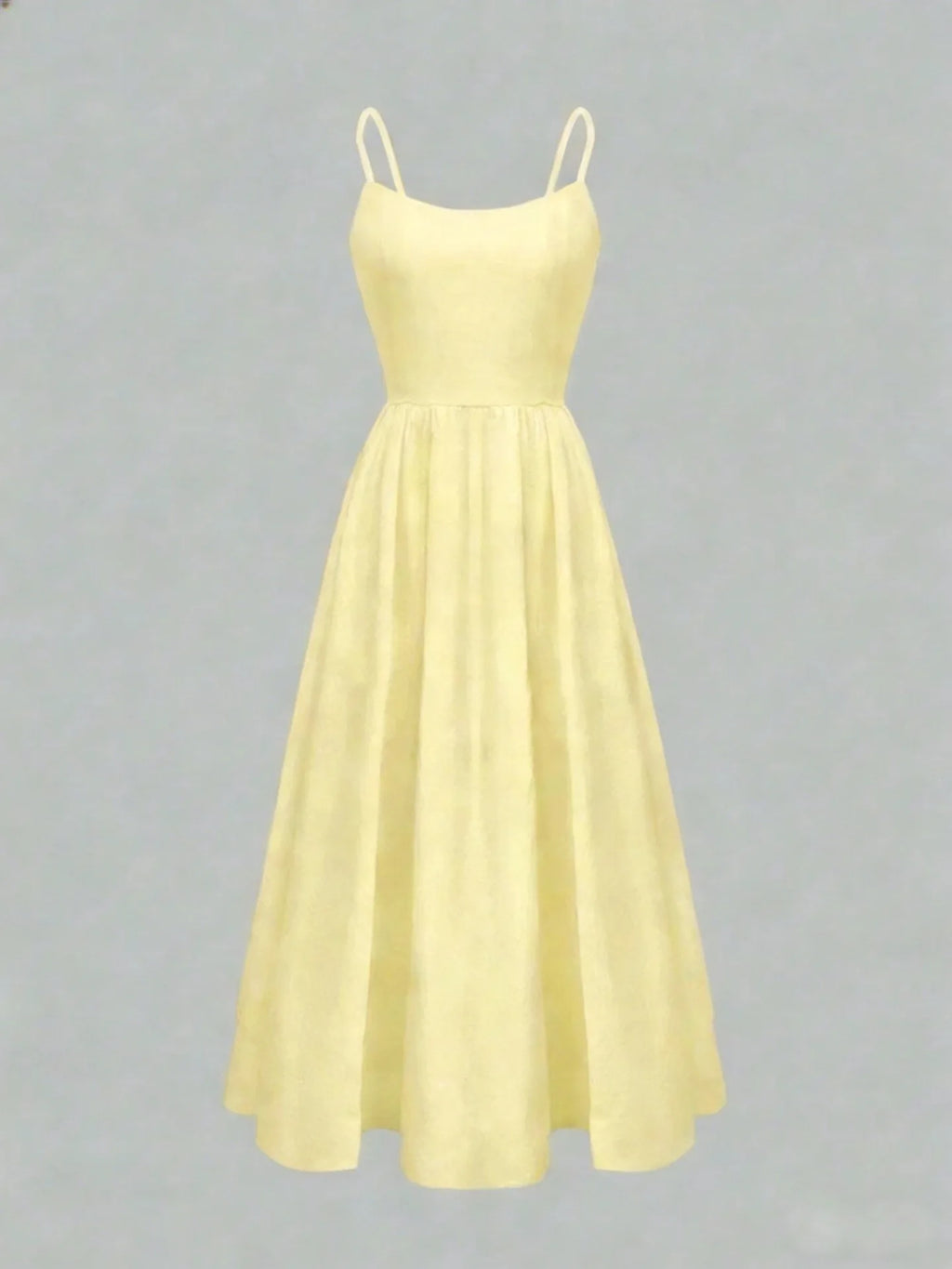 French Solid Spaghetti Strap U-Neck Gathered Waist Swing Midi Dress, High Waist Hip-Cover Slimming Vacation Cami Dress