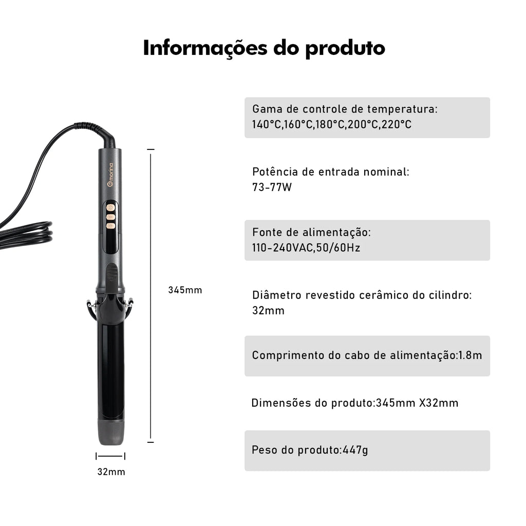 Hair Curler 32mm with LCD Display, Black and Gold, 5 Temperatures (140 °C-220 °C), Ceramic Coating, Bivolt 110-220V
