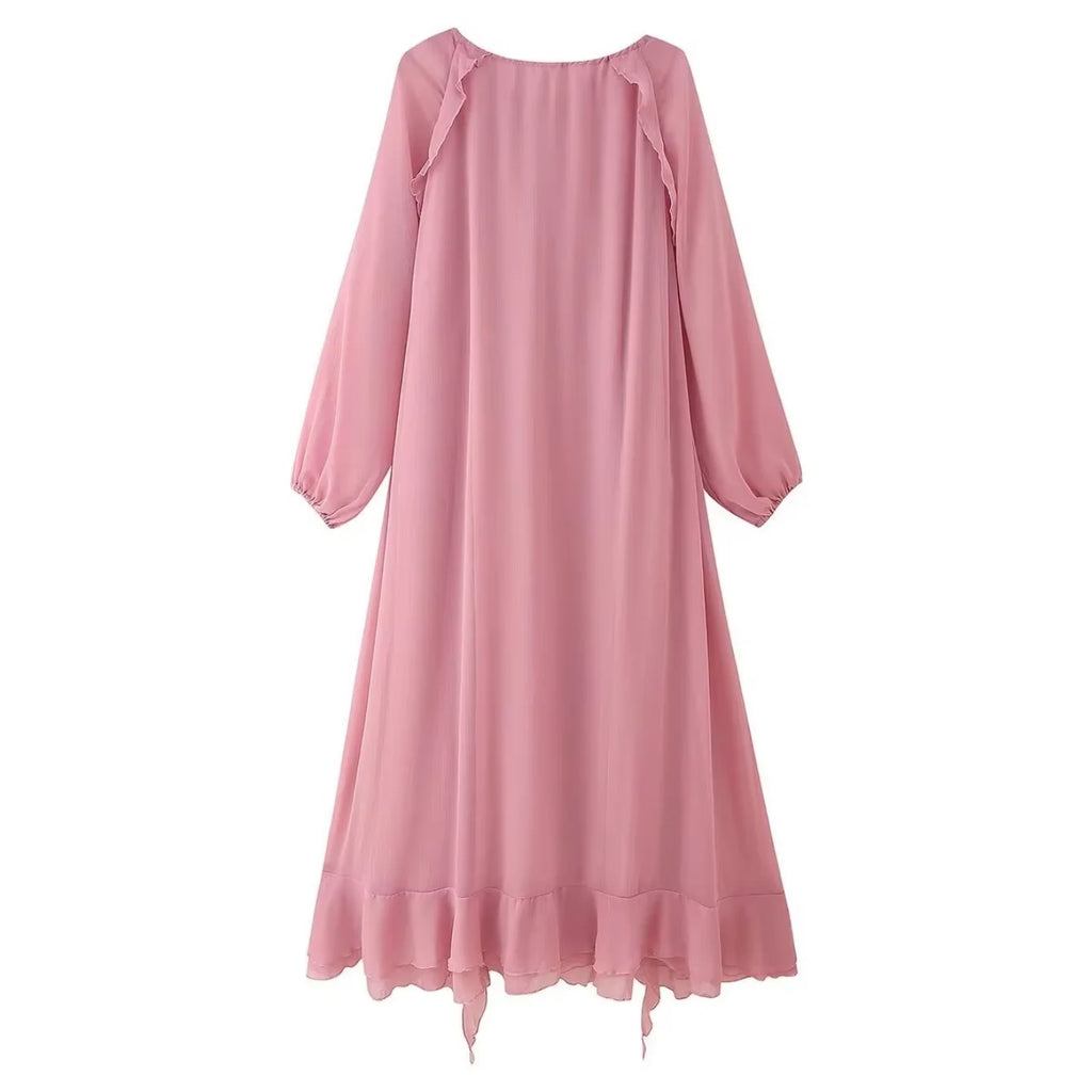 2026 Casual Solid Ruffles Patchwork Robe Women Minimalist Full Sleeve Mesh Loose Fit Lace Up Maxi Dress Vacation Daily Date Wear