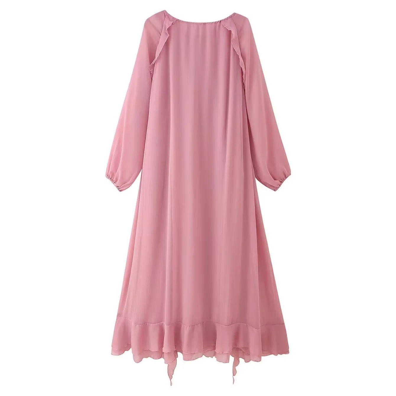 2026 Casual Solid Ruffles Patchwork Robe Women Minimalist Full Sleeve Mesh Loose Fit Lace Up Maxi Dress Vacation Daily Date Wear