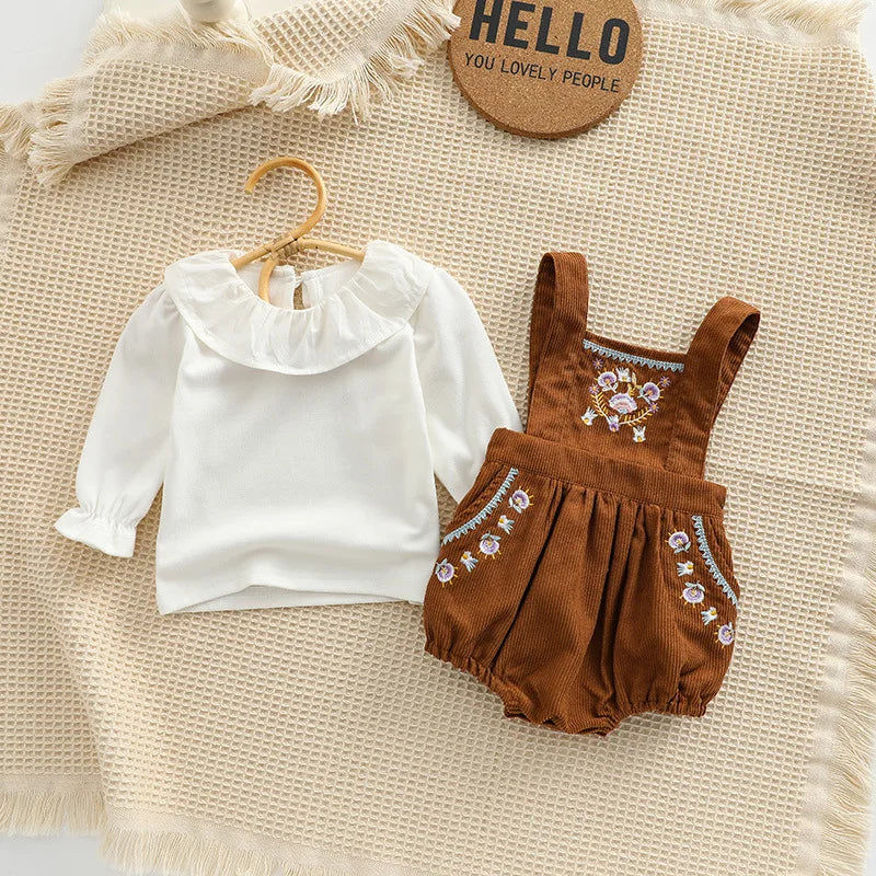 2025 Spring New in Kids Infant Cute Clothes Baby Cotton Solid Color Ruched Top Shirts + Embroidery Flower Bodysuits Newborn 2pcs