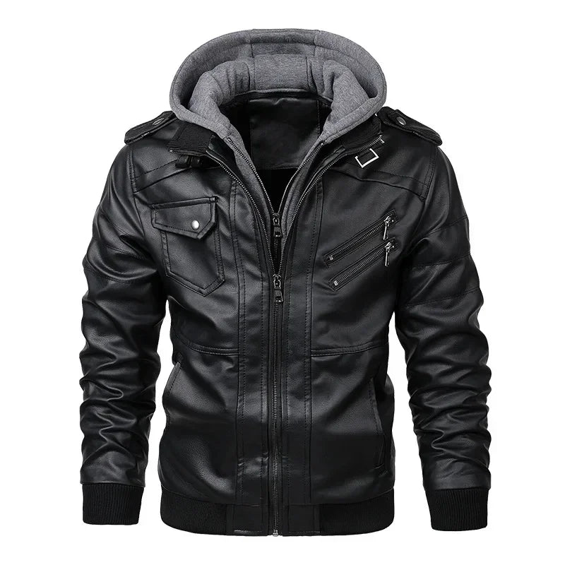 New Men's Hooded Leather Jackets Autumn Winter Casual Zipper Motorcycle PU Jacket Biker Leather Coat Hat Detachable Punk Outwear
