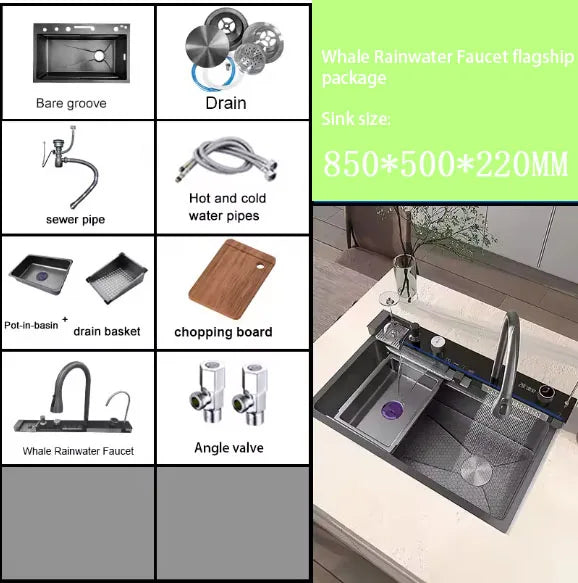 2026 Tiktok Newest Design 30 Inch Waterfall Faucet Black Bionic Honeycomb 304 Stainless Steel Big Single Bowl Kitchen Sink