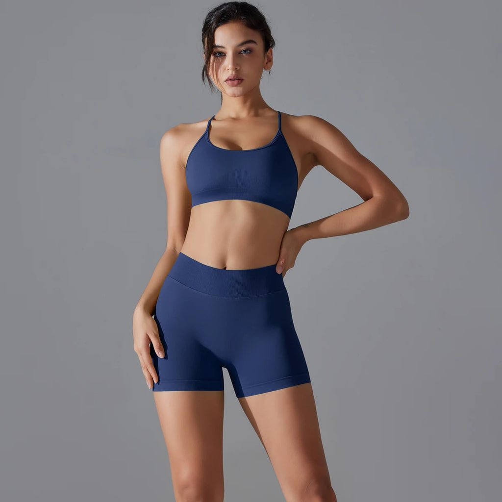 Yoga Suit Sports Set Quick-Drying Gym Leggings Set Shock-absorbing Cross Shoulder Straps Women's cycling shorts  Workout Yoga