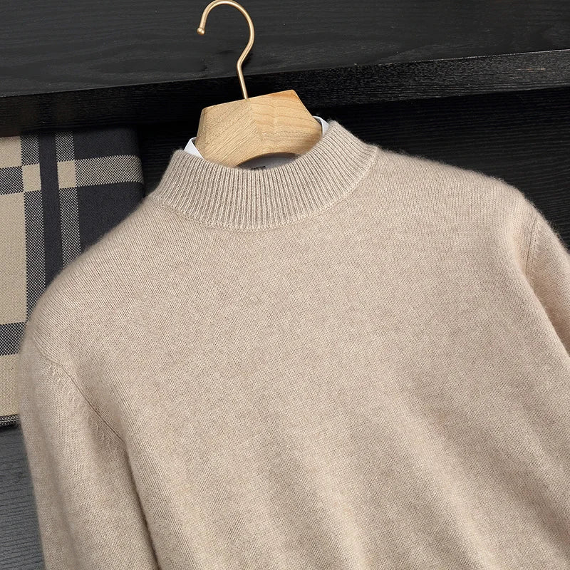 Autumn/Winter Men's 100% Cashmere Pullover Business Casual Solid Knitted Sweater Loose Half High Neck Tops Thick Warm Jumper