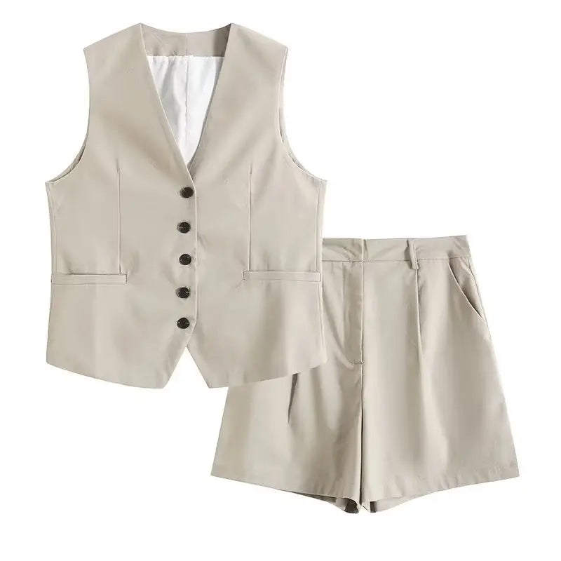 Retro Linen Office Lady Women Suits V Neck Vest Blazer Commuter Wide Leg Shorts Fashion 2024 Summer Vintage 2 Piece work clothes