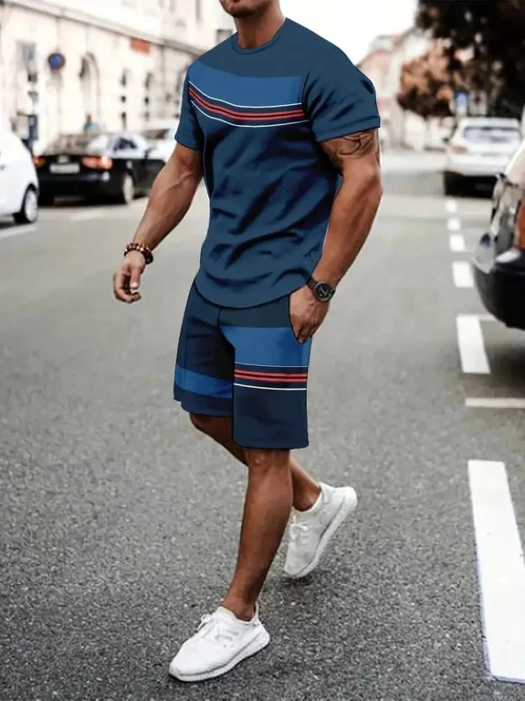 New Men's Summer Street Trendy Letter Printed Comfortable Breathable Round Neck T-shirt Shorts Set Outdoor High Street Clothing