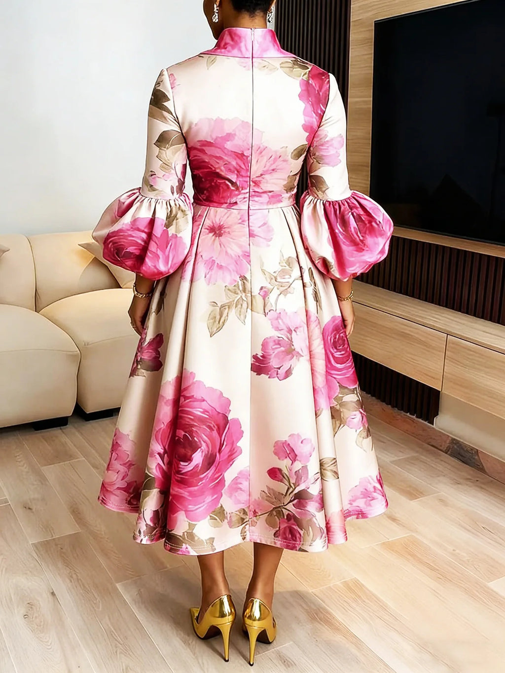 Stylish Women's Flower Printed Stand Collar Elegant Evening Maxi Dresses 2026 New Puff Sleeves Loose Pleated Party A-Line Dress