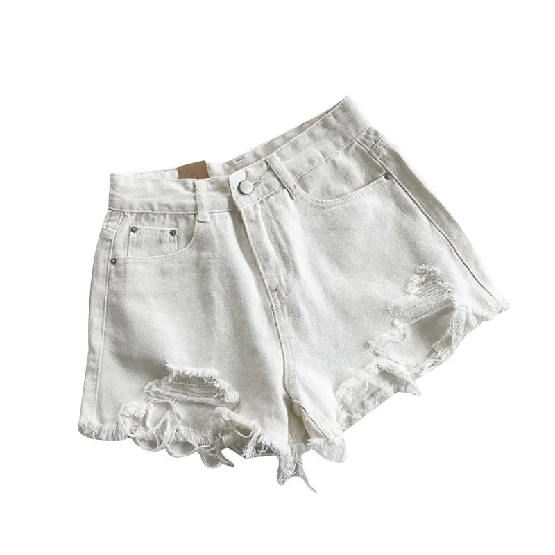 Korean Denim Shorts Women Summer Fashion Casual High Waist Ripped Jeans Pocket Tassel Y2K Hot Pants Streetwear Blue Trousers