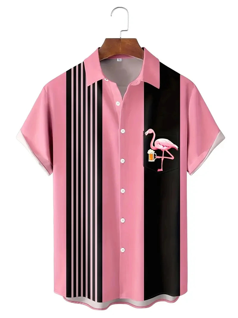 2026 Men's Vocation Lapel Camisa Vacation Hawaiian Shirts Flamingo 3d Print Fashion Unisex Beach Short Sleeve Blouse