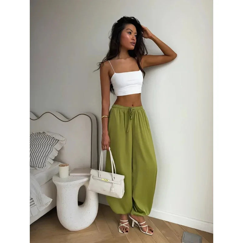 Solid Drapey Satin Loose Harem Pants Women Casual Elastic Waist Drawstring Design Long Pant 2026 Lady Commute Versatile Wear New