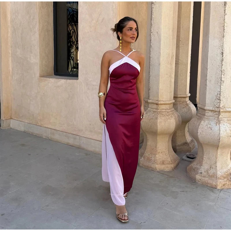  Women Sexy Color Blocking Halter Maxi Dresses Elegant Backless Off shoulder Sleeveless Slim Gowns 2026 New Lady Party Vestidos
