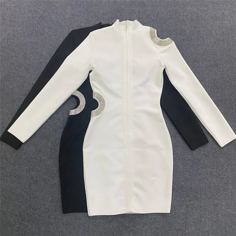 Women Sexy Hollow Out Beading Bandages Dress Long Sleeve Bodycon Clothes Club Party Celebrity Mini Dresses